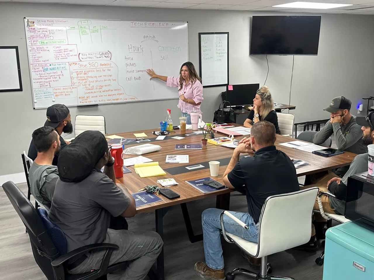 A Stratella trainer at a whiteboard with a team around a table